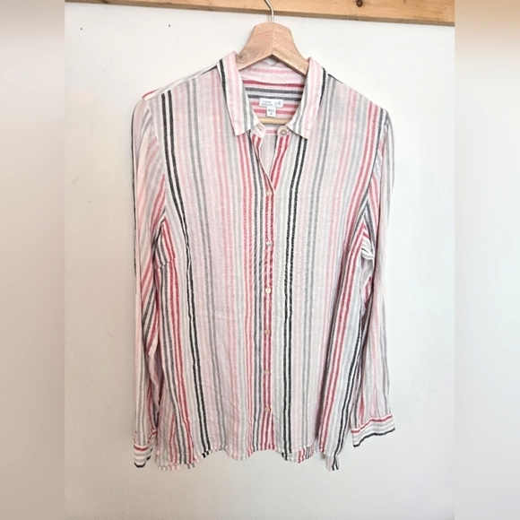 J Jill long sleeve linen pink and gray striped button down | M tall - Picture 1 of 5